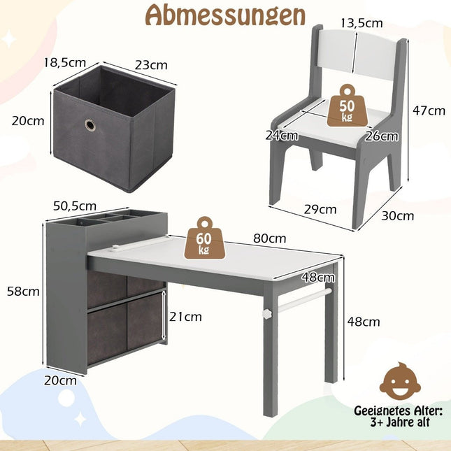 Ensemble table et chaises pour enfants. Table à dessin avec 2 chaises, rouleau de papier et support. Gris.