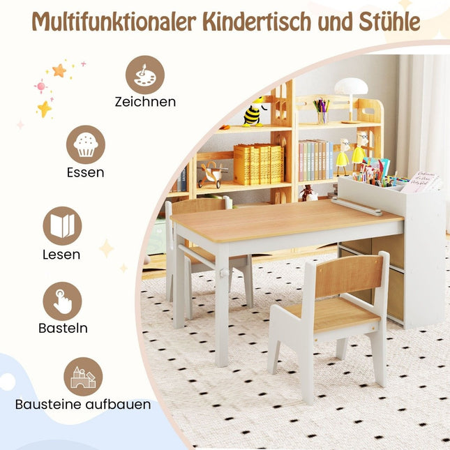 Ensemble table et chaises pour enfants. Table à dessin avec 2 chaises, rouleau de papier et porte-rouleau. Couleur naturelle.