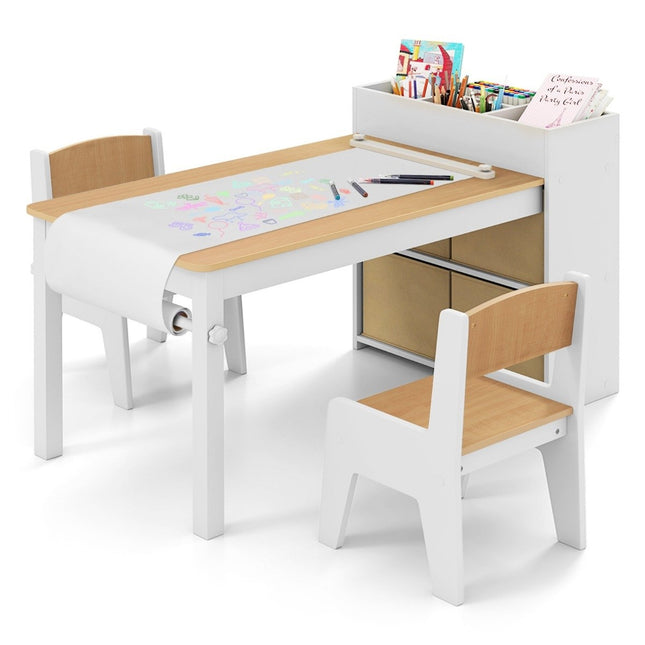 Ensemble table et chaises pour enfants. Table à dessin avec 2 chaises, rouleau de papier et porte-rouleau. Couleur naturelle.