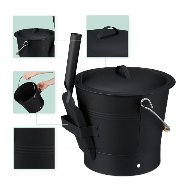 Ascheeimer mit Deckel und Kehrset, 7,5L – Schwarz