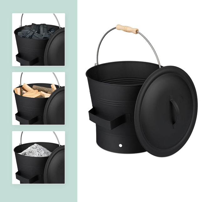 Ascheeimer mit Deckel und Kehrset, 7,5L – Schwarz