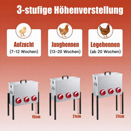 Automatischer Hühnerfutterautomat, 26 l, 6 Öffnungen, höhenverstellbar