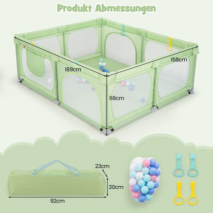 Parc pour bébé avec 4 anneaux de traction et 50 balles océaniques et filet respirant et sac de transport vert