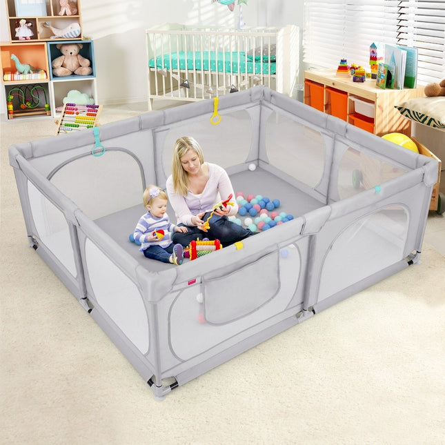 Parc pour bébé avec 4 anneaux de traction et 50 balles océaniques et filet respirant et sac de transport gris clair