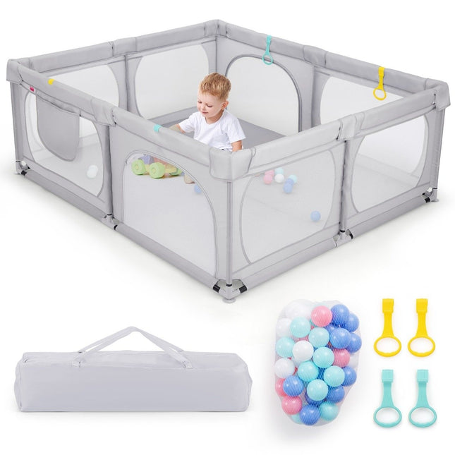 Parc pour bébé avec 4 anneaux de traction et 50 balles océaniques et filet respirant et sac de transport gris clair