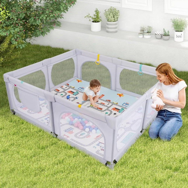 Baby Laufstall mit Matratze &amp; 50 Spielbällen &amp; 4 Zugringen &amp; 4 Reißverschlusstüren hellgrau