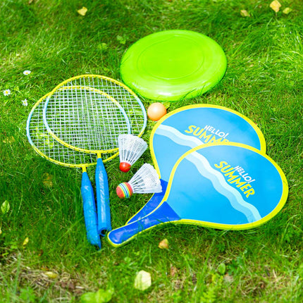 Badminton- & Strandset: 2 Schläger, Federbälle, Frisbee