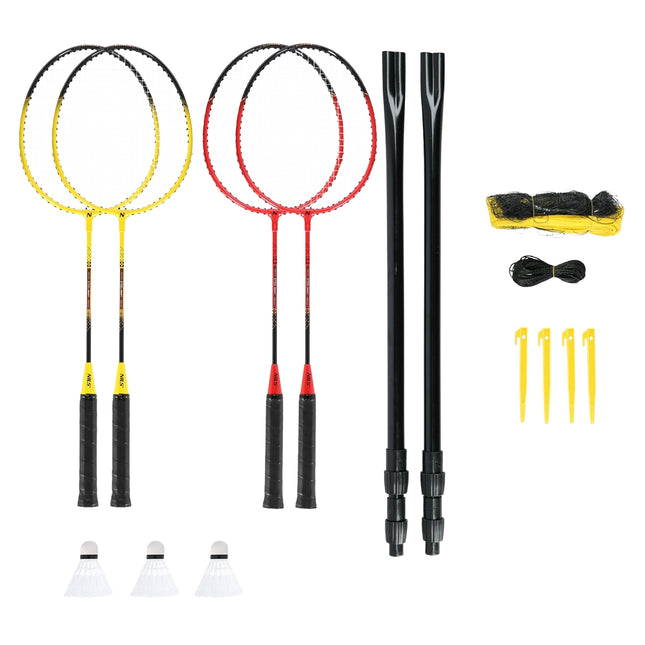 Ensemble de badminton - 4 raquettes, 3 volants en plumes, filet
