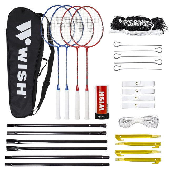 Badminton-Set: 4 Schläger, 3 Federbälle, Netz & Linien
