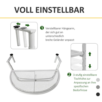 Balkonhängetisch - verstellbar, Metall, halbrund, weiß