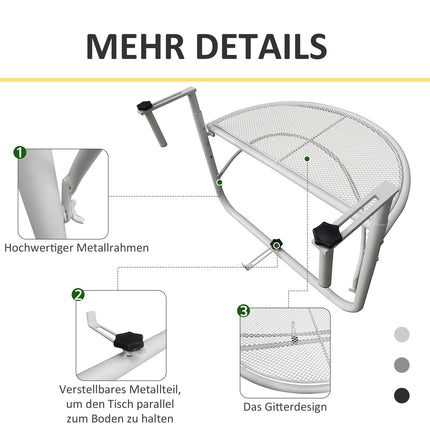Balkonhängetisch - verstellbar, Metall, halbrund, weiß