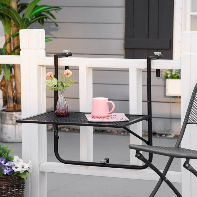 Table suspendue de balcon pliable, réglable en hauteur en 4 directions, en métal, résistante aux intempéries, table d'appoint, table pliante pour balustrade de balcon et de terrasse, table à suspendre 60x40 cm noir