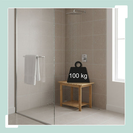 Tabouret de bain en bambou avec étagère et support pour pommeau de douche