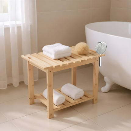 Tabouret de bain en bambou avec étagère et support pour pommeau de douche