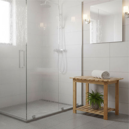 Tabouret de bain en bambou avec étagère et support pour pommeau de douche