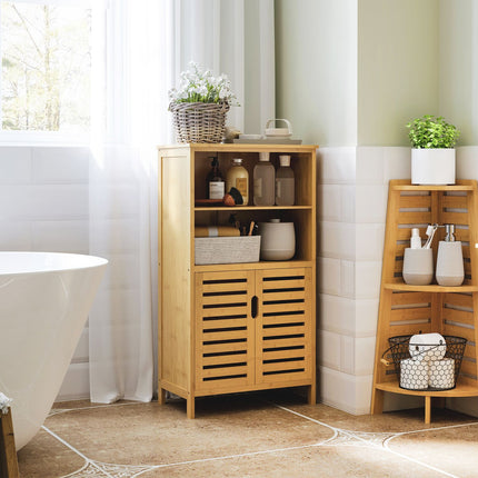 Bambus-Badschrank mit Lamellentüren, Kippschutz-Design