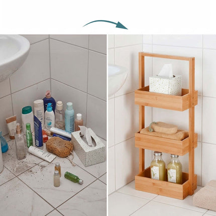 Étagère de salle de bain en bambou, rangement autoportant à 3 niveaux