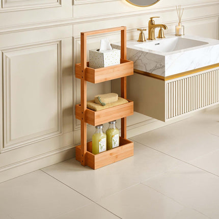 Étagère de salle de bain en bambou, rangement autoportant à 3 niveaux