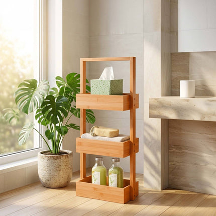 Étagère de salle de bain en bambou, rangement autoportant à 3 niveaux