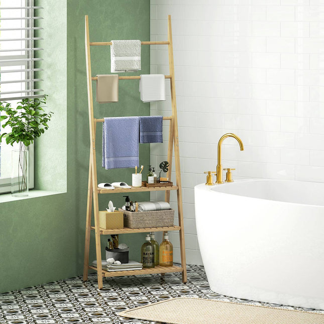 Étagère de salle de bain en bambou à 3 niveaux avec porte-serviettes