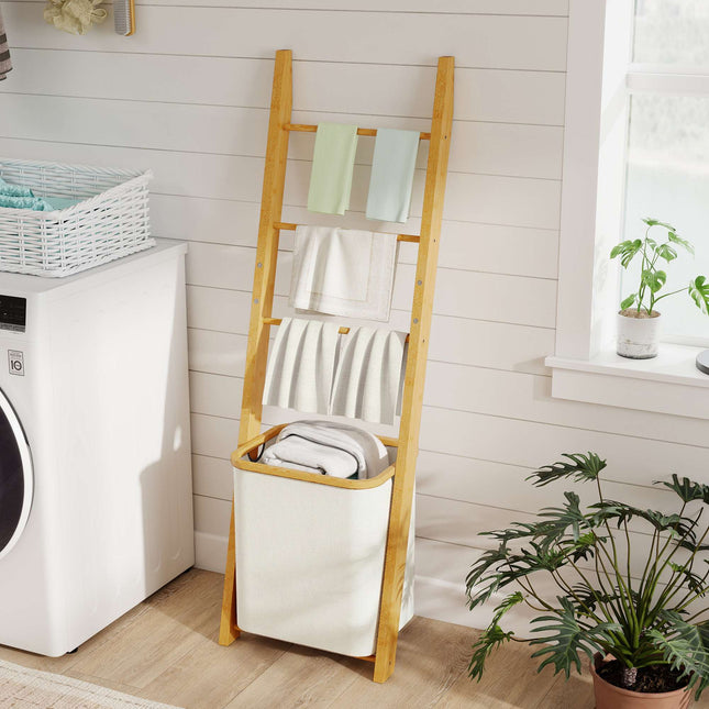 Étagère de salle de bain en bambou avec 3 porte-serviettes et panier à linge de 48 L