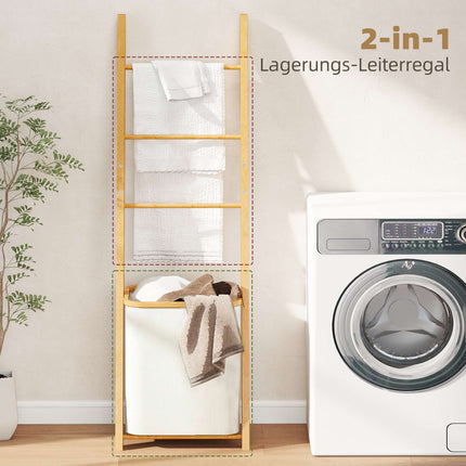 Bambus-Badezimmerregal mit 3 Handtuchstangen & 48L Wäschekorb