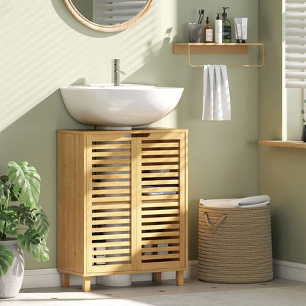Meuble-lavabo en bambou, étagères réglables, naturel