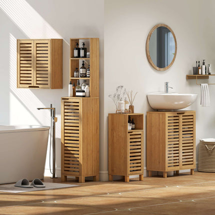 Meuble-lavabo en bambou, étagères réglables, naturel