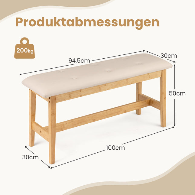 Banc en bambou avec coussin en similicuir, 100 cm, beige