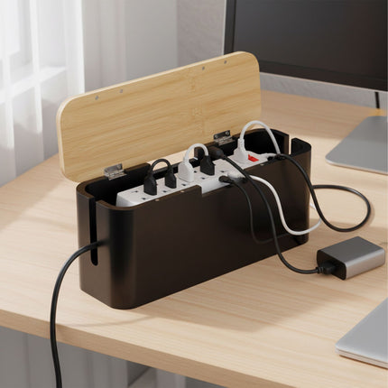 Boîte à câbles en bambou avec couvercle magnétique, compatible avec multiprise à 6 prises