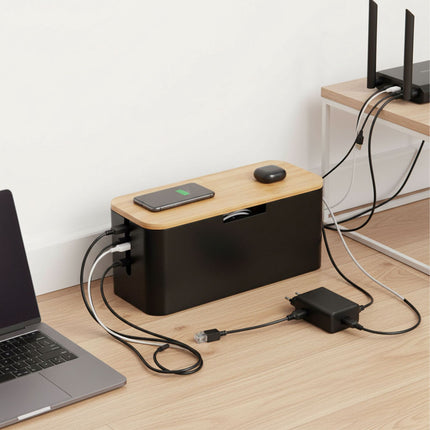 Boîte à câbles en bambou avec couvercle magnétique, compatible avec multiprise à 6 prises