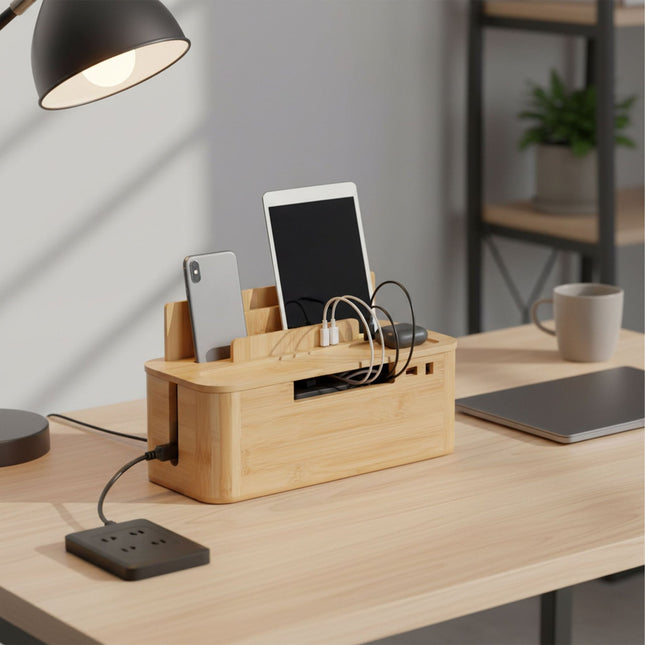 Boîte à câbles en bambou avec support pour téléphone - Organisez et rechargez
