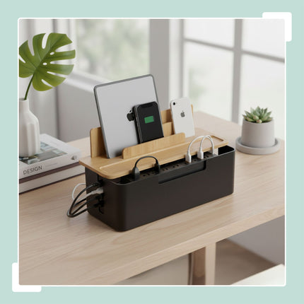 Boîte de rangement de câbles en bambou avec supports pour téléphone et tablette