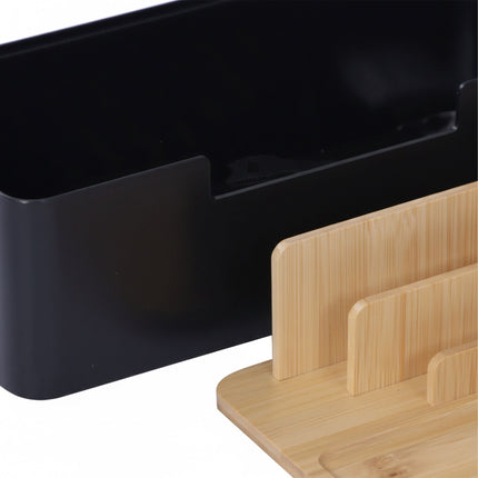 Boîte de rangement de câbles en bambou avec supports pour téléphone et tablette