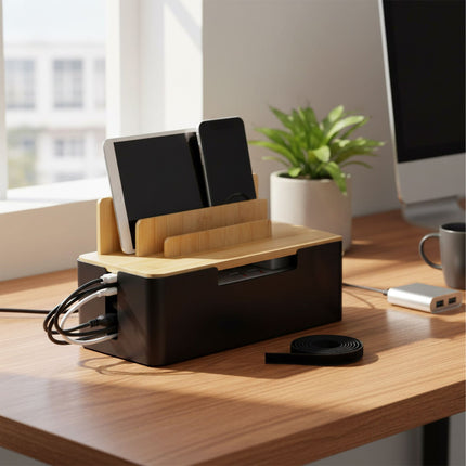 Boîte de rangement de câbles en bambou avec supports pour téléphone et tablette