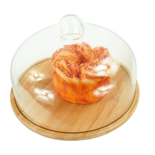Présentoir à gâteaux en bambou avec couvercle en verre - Conserve la fraîcheur des pâtisseries