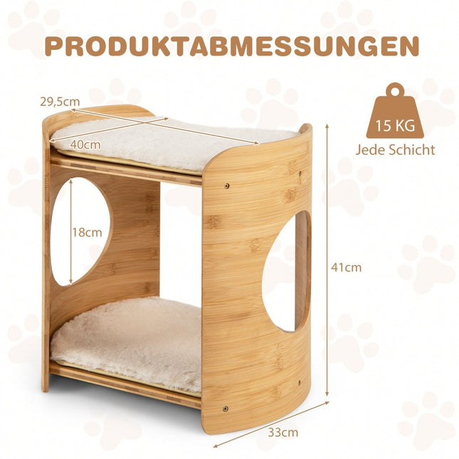 Bambus-Katzenbett mit abnehmbaren Plüschmatten, 2 Ebenen