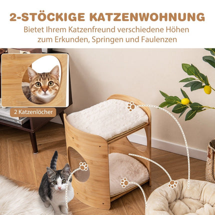 Bambus-Katzenbett mit abnehmbaren Plüschmatten, 2 Ebenen