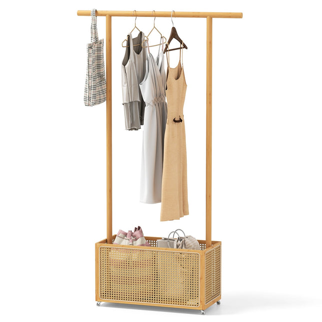 Portant à vêtements en bambou avec panier en rotin et roulettes, 100 x 32,5 x 172 cm