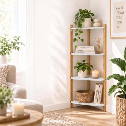 Bamboo Corner Shelf with 4 Triangular Shelves, White, 80 x 46 x 25 cm
