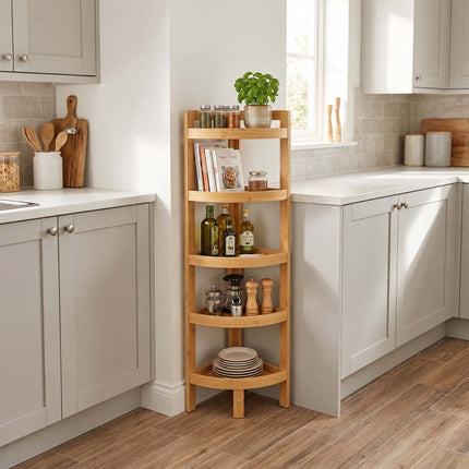 Bamboo Corner Shelf with 5 Half-Round Shelves, Freestanding, Natural