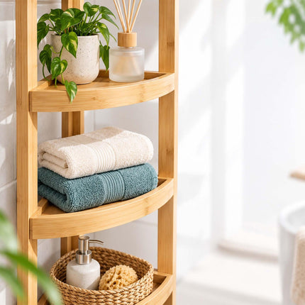 Bamboo Corner Shelf with 5 Half-Round Shelves, Freestanding, Natural