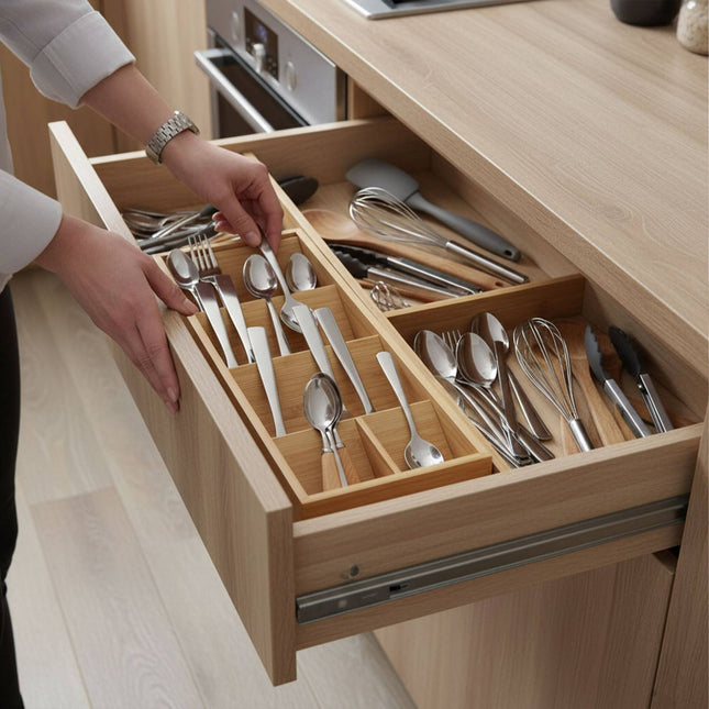 Plateau à couverts en bambou, 5 compartiments, design compact