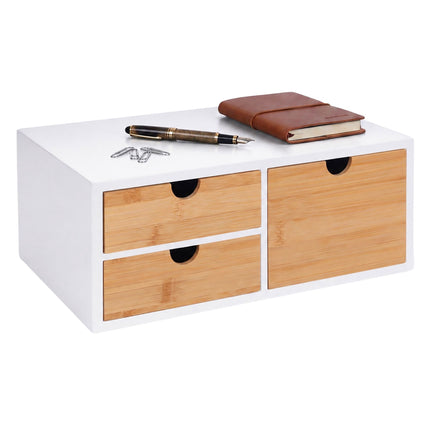 Bamboo Desk Organiser with 2 Small and 1 Large Drawer, 13.5 x 33 x 21 cm, White