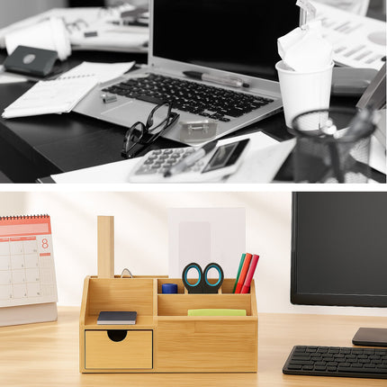 Organiseur de bureau en bambou avec tiroir, 6 compartiments
