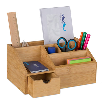 Organiseur de bureau en bambou avec tiroir, 6 compartiments