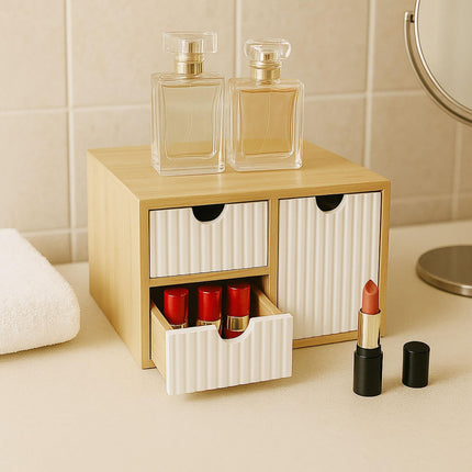 Bambus-Schubladenbox-Organizer, 3 gerippte Schubladen