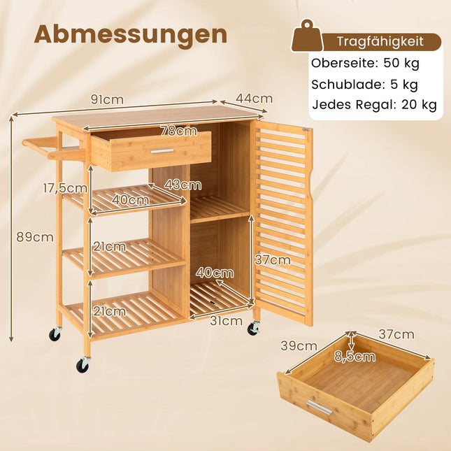 Bambus-Küchenwagen mit Schublade und Ablagen, mobil