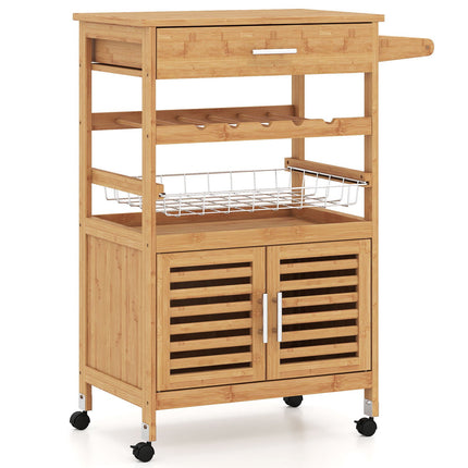 Chariot de cuisine en bambou avec armoire de rangement et casier à vin