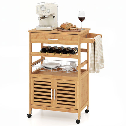 Chariot de cuisine en bambou avec armoire de rangement et casier à vin